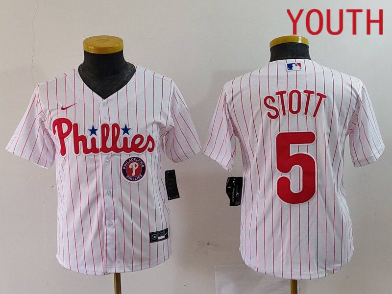 Youth Philadelphia Phillies #5 Stott White stripe Nike Game 2024 MLB Jersey style 3